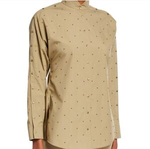 Akris Punto Studded Minimal Button Down Mandarin Collar Tan Brown Shirt Size 8